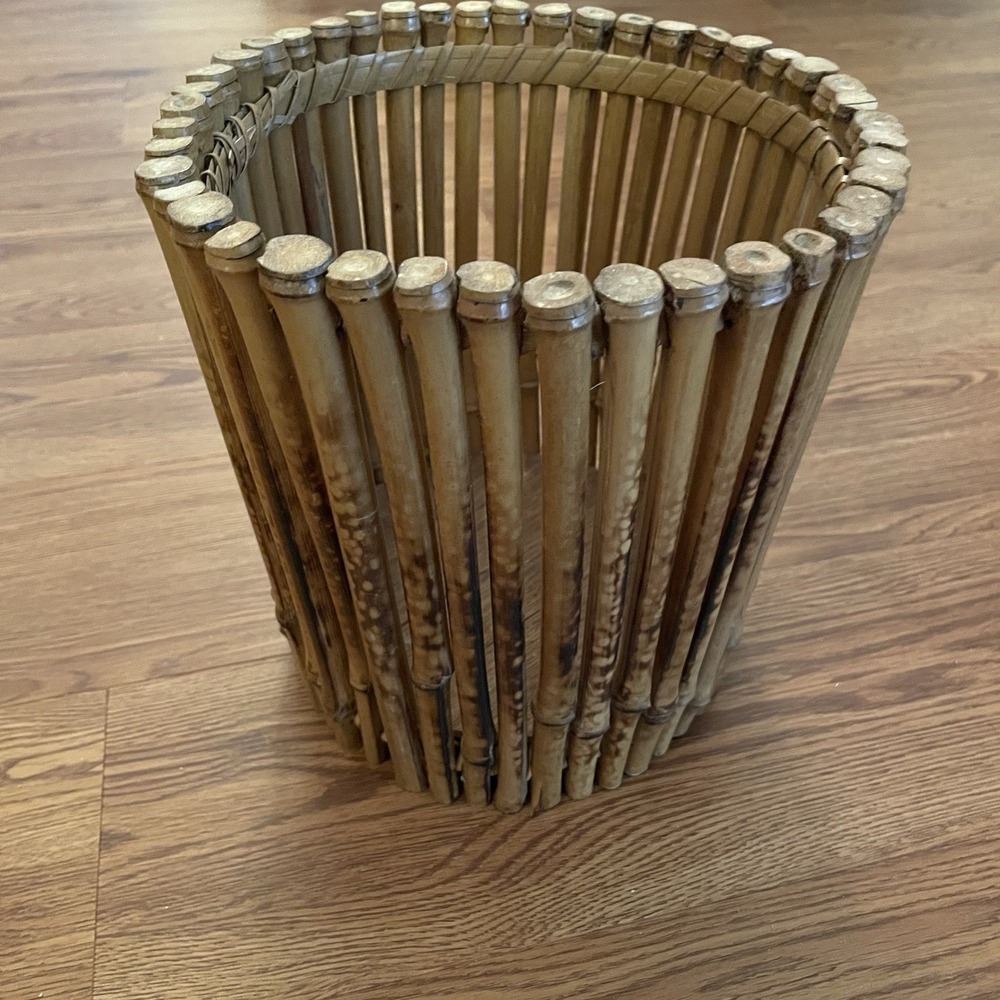 Vintage Mid-Century Burnt Bamboo Waste Basket / Boho Chic Planter